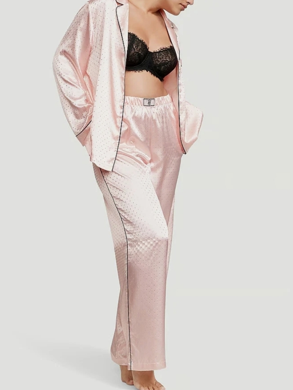 Victoria's Secret Pink Satin Polka-Dot Pajama Set with Black Lace Bra